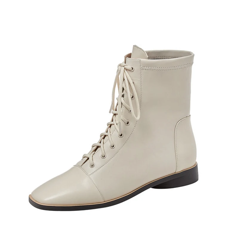 

FOREADA Real Leather Ankle Boots Square Toe Low Heel Woman Boots Block Heel Shoes Lace Up Short Boots Ladies Autumn Black Beige