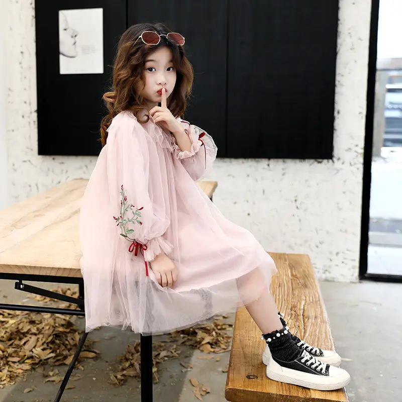 Dress Girl Princess Pink Mesh Hollow Out Embroidery Floral Lace Fashion Party Wedding 2019 New Midi Long Ball Gown | Детская одежда и
