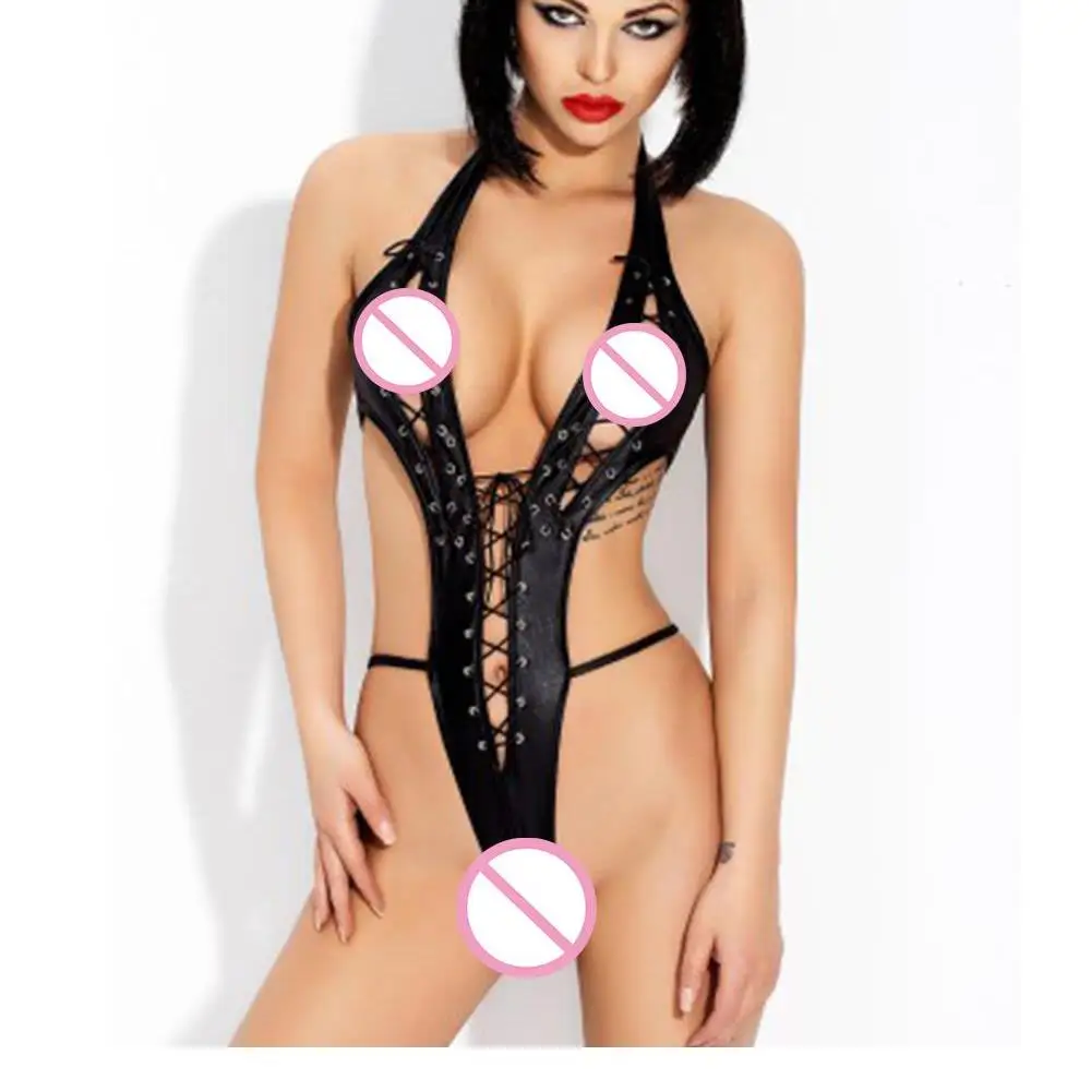 

Amazing Sexy Faux Leather Teddy Lingerie Cheap Halter Backless Bodysuit Women Black Punk Leather V-Neck Lingerie Bodysuit W84404
