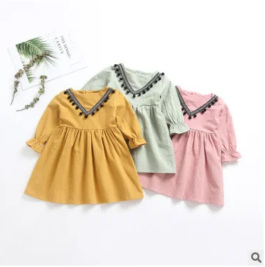 Children's clothing spring and autumn new girls cotton linen long-sleeved dress free shipping | Детская одежда и обувь