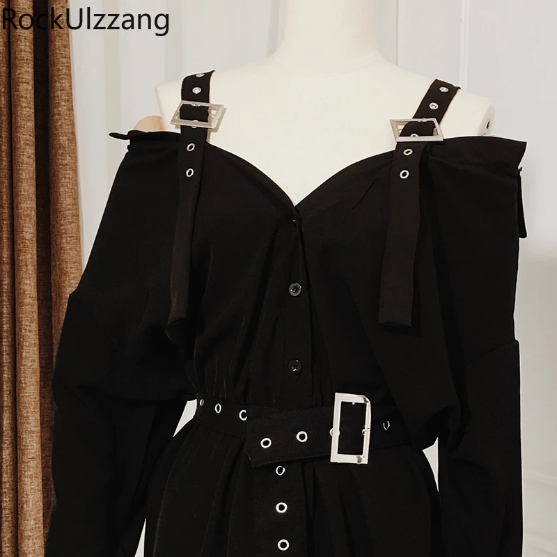 Элегантная Длинная черная рубашка на бретелях с кольцами и ремешком талии