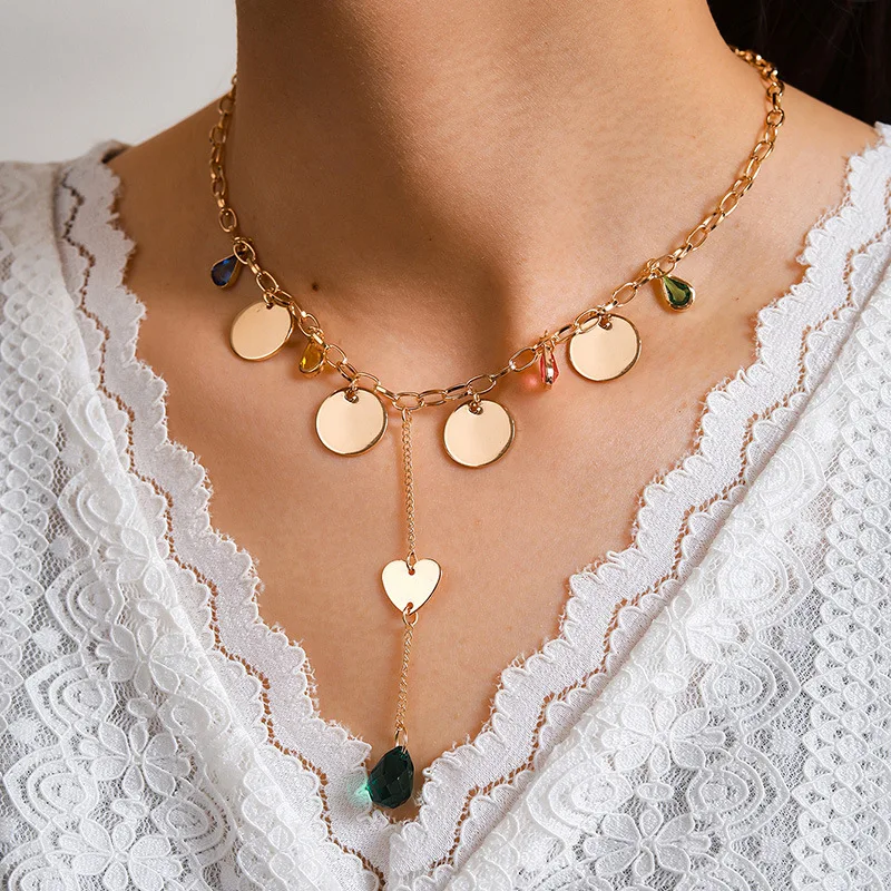 

Simple Fashion Metal Sequin Heart Long Pendant Necklaces Sweater Chain Colorful Crystal Water Drop Necklaces For Women Jewelry