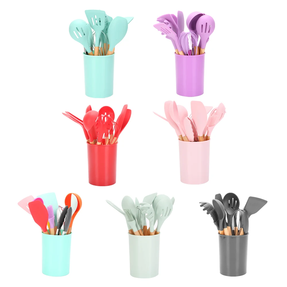 

Silicone Kitchenware With Wooden Handles Non-stick Baking Tools Spatula Spoon Ladle White Separator Kitchen Cooking Utensils