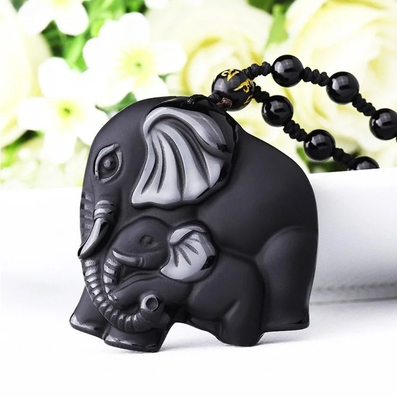 

Natural Black Obsidian Elephant Pendant Necklace Chinese Hand-Carved Fashion Charm Jewelry Accessories Amulet for Men Women Gift