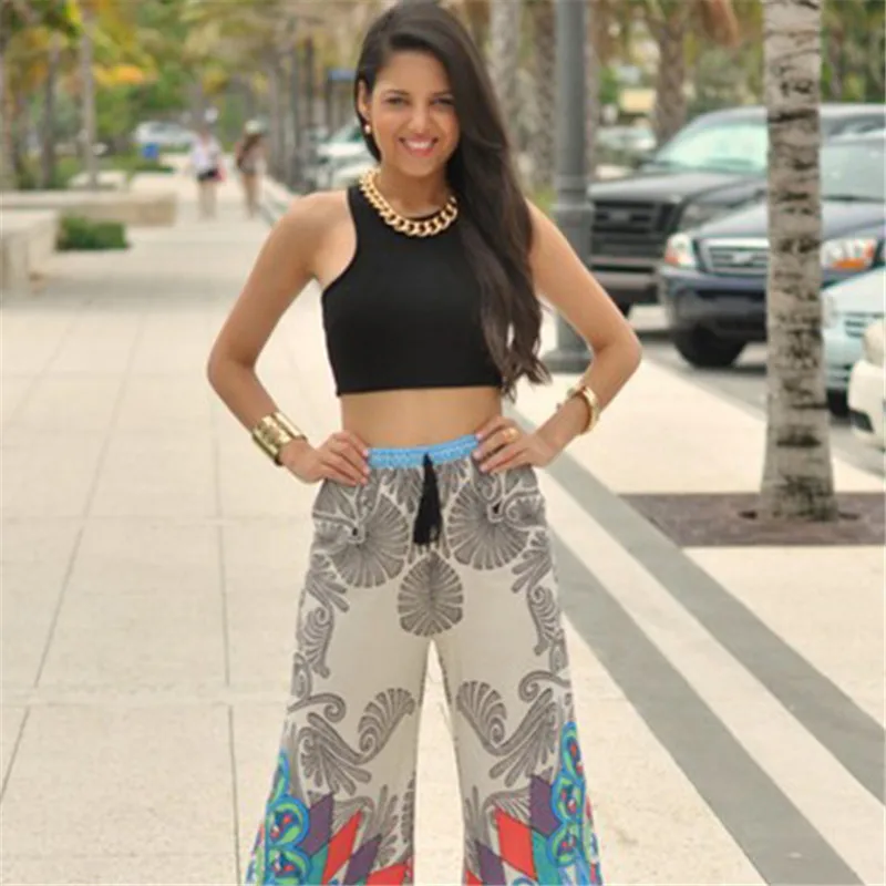 Женский модный кремовый комбинезон Палаццо с разноцветным принтом брюки