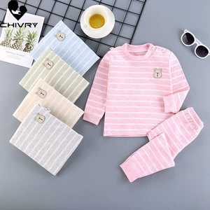2021 Kids Boys Pajama Sets Cartoon Striped Print Long Sleeve T-Shirt Tops with Pants Newborn Baby Girls Autumn Sleeping Clothes