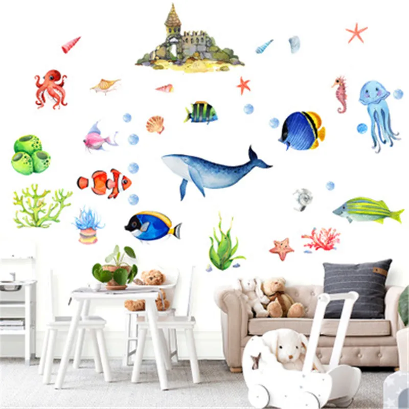 Светящиеся наклейки на стену с изображением подводного мира животных для