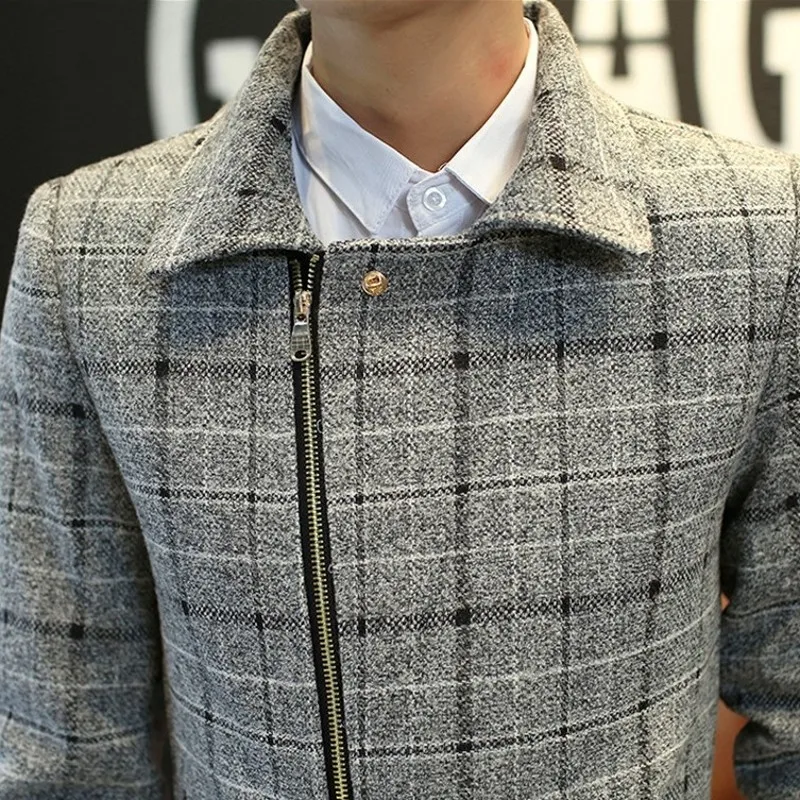 

England Style Autumn Mens Personality Plaid Jackets Fashion Long Sleeve Zip Turn Down Collar Plus Size Slim Fit Male Short Coats