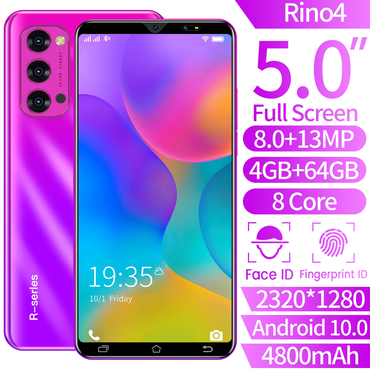 

Rino4 Smartphones Global Universal 4G LET Android Mobile Phone 4GB+64GB 8-Core MT6763 Face ID 4800mAh Dual SIM Card Cellphones
