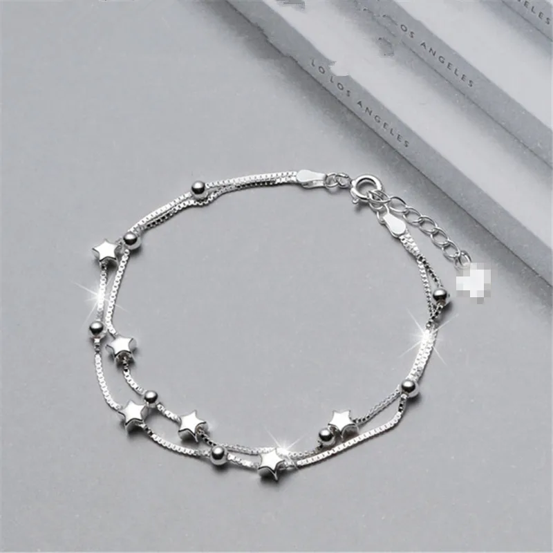 

925 стерлингового серебра двойной Слои звезда из бисера браслет, браслет на запястье для женщин, девушек, вечерние свадебные туфли 2021 ювелирн...