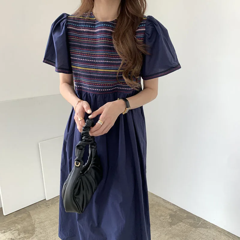 

KUSAHIKI 2021 Summer Woman Dress Vintage Embroidery Causal Elegant Dresses Flying Sleeve O-neck High Waist A-line Vestido 6G908