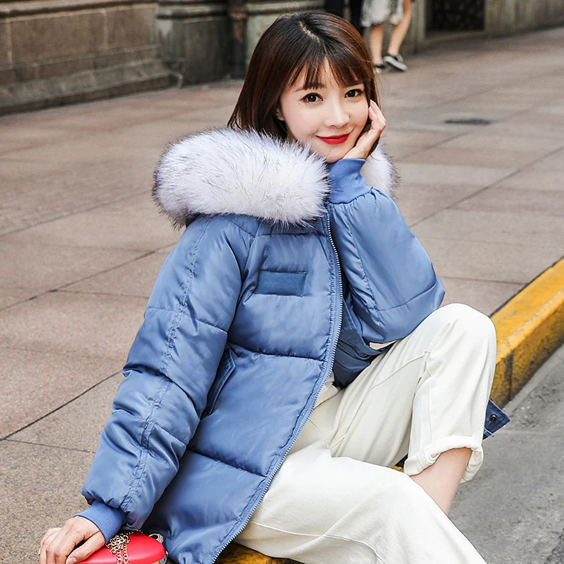 

Woman Korean Big Fur Collar Hooded Puffer Jacket 2019 New Fashion Ladies Parka Casual Loose Winter Jacket Women Warm Bubble Coat