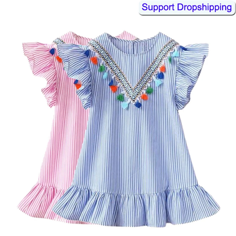 Летнее платье для маленьких девочек платья с кисточками и рукавами-крылышками