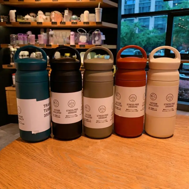 

350ml/480ml Vacuum Flask 304 Stainless Steel Water Bottles Double-layer Lid Water Bottle With Portable Handle Travel Tea Cup