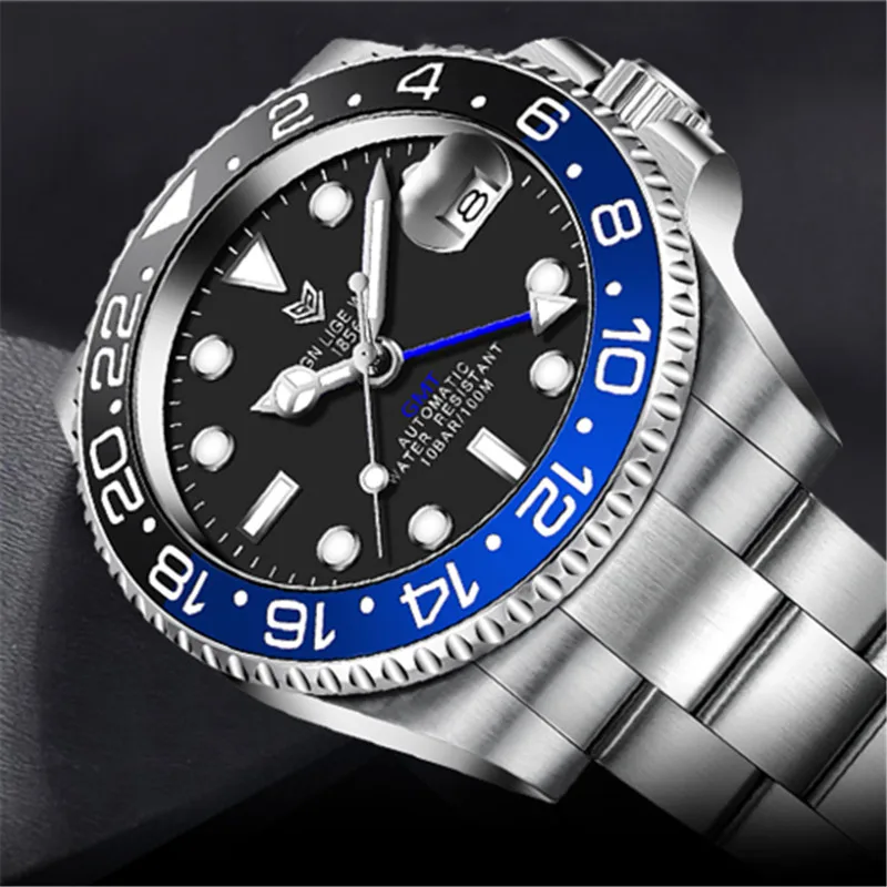 

LIGE Men Watches Sapphire Glass 40MM Ceramic GMT Automatic Mechanical Watch Men 100m Waterproof Classic Fashion Luxury Clock+Box