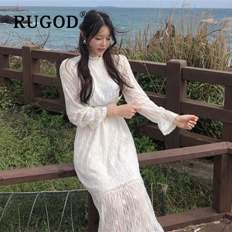 RUGOD корейское шикарное кружевное длинное платье для женщин элегантное