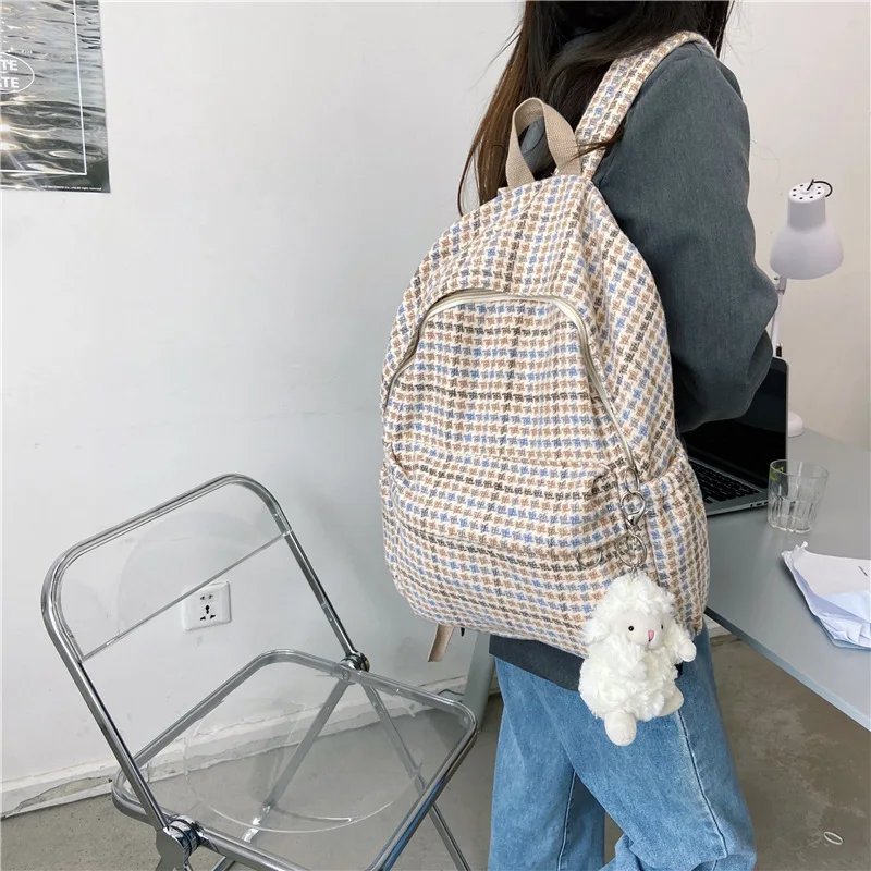 

Japanese Style Chic Korean Fashion Woolen Plaid Backpacks Schoolbag for Women Large Capacity Chic Student Girls Books Wholesale
