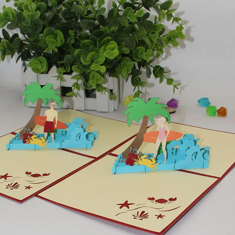 Открытка из бумаги с изображением кокосового дерева и пляжа креативная 3D