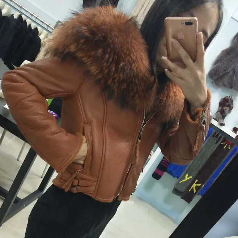 genuine leather jacket women coat winter sheepskin coats wool parka real oversized raccoon dog fur collar | Женская одежда