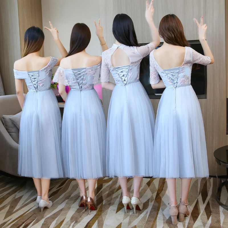 Сине серое платье с вышивкой длиной ниже колена женское свадебное простое