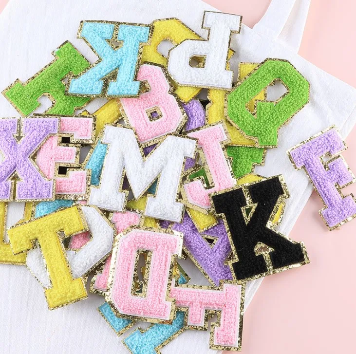 

1Set Towel Embroidered Letters Iron On Patch Applique Name Badge Alphabet Sequins Patches For Kid Clothing Bags Diy Accessories