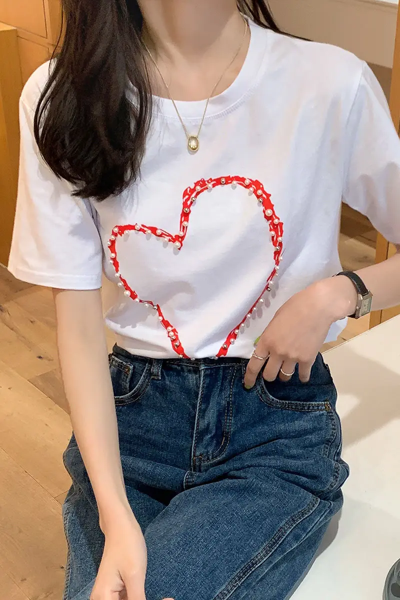 

South Korea dongdamen 2021 spring and summer love nail bead short sleeve T-shirt women's foreign style versatile loose top P45