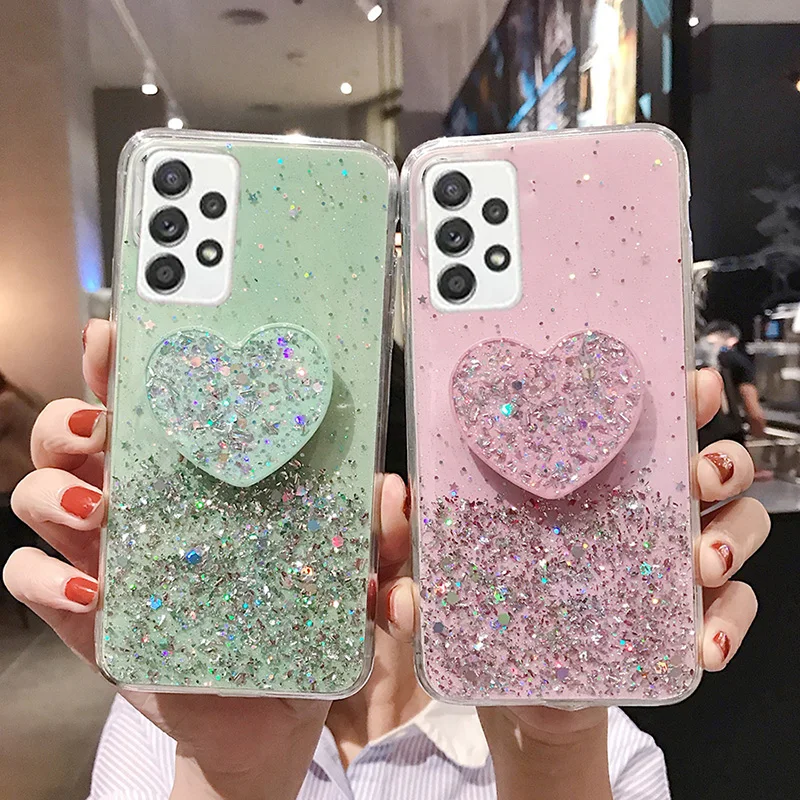 

Bling Glitter Case For Samsung Galaxy A02 A12 A22 A32 A52 A72 5G A71 A51 S21 FE S20 Ultra Plus Note 20 Mirror Holder Stand Cover
