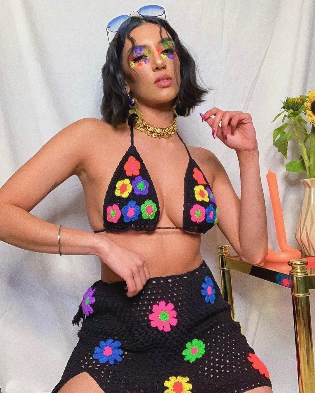 

Women Sexy Two-Piece Clothes Set Floral/ Heart Pattern Sleeveless Crop Tops And Knitted Skirt Unique Style Fashionable /Charming