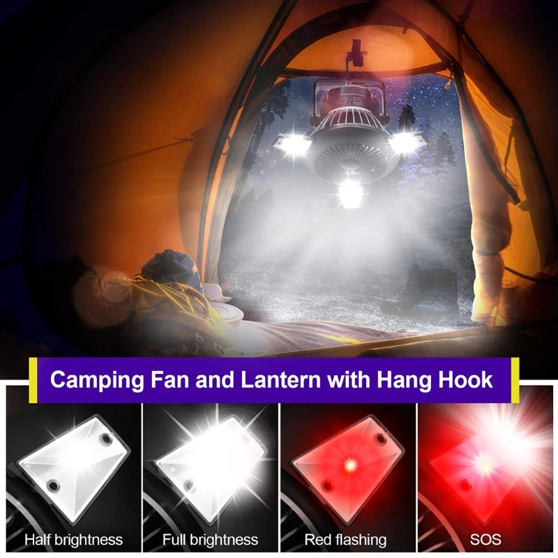 Camping Fan with LED Lights Tent Hanging Hook Rechargeable Battery Operated Handy for Home and | Бытовая техника