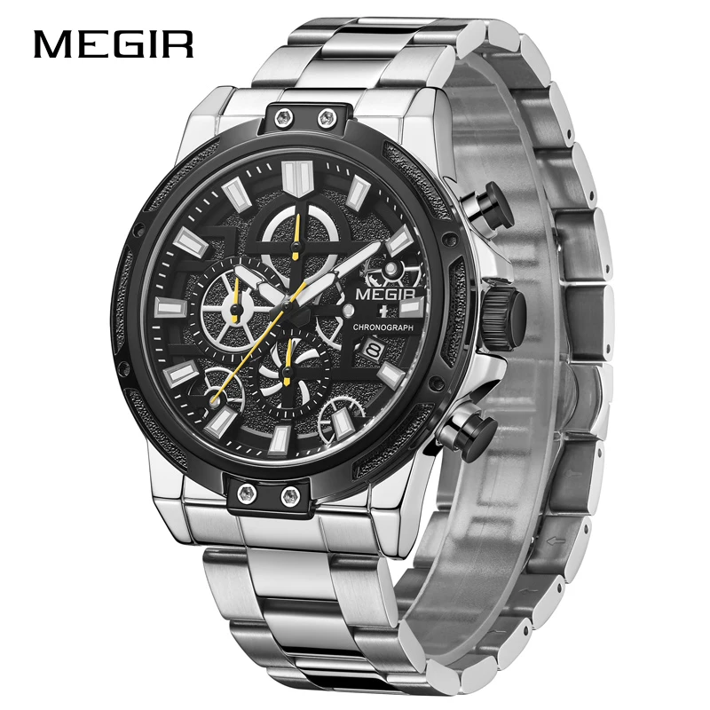Silver Новые мужские деловые часы MEGIR, лучший бренд, Роскошные Аналоговые кварцевые наручные часы с большим циферблатом, мужские стальные часы, Relogio Masculino - Цвет: Silver