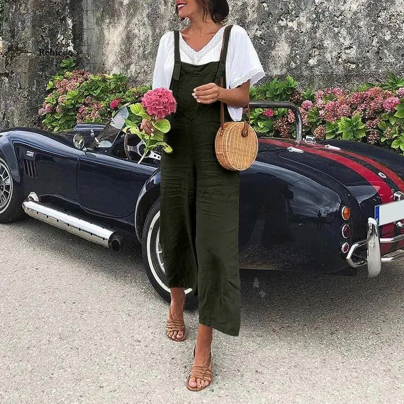 

Summer Vintage Women Jumpsuit Cotton Linen Wide Leg Sleeveless Pockets Plus Size Overalls Full Length Pure Color Romper