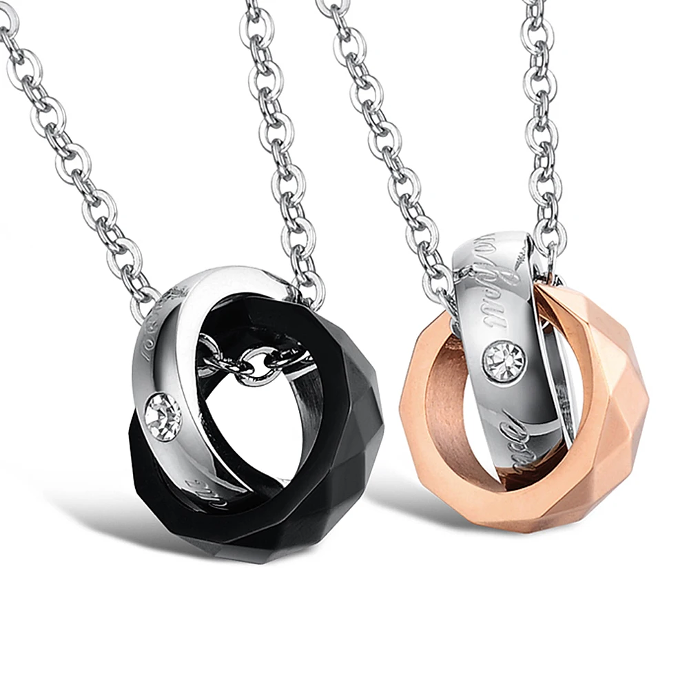 

Couple Necklace Zirconia Circles Pendant Stainless Steel Chain Lover Jewelry Gift for Men Women