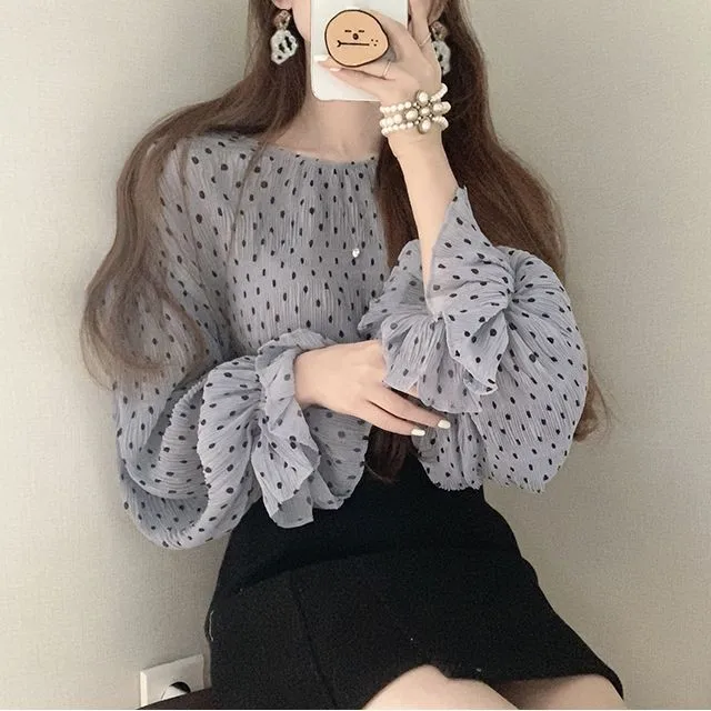 

С круглым вырезом и расклешенными Блузка с длинными рукавами для женщин в винтажном стиле в горошек узор работы Стиль Ol Blusas Весна 2021 новая р...