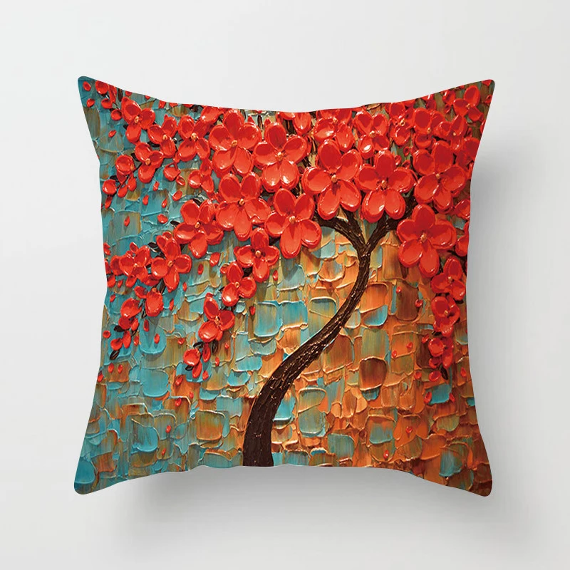 New Juneiour Vintage Flower Pillow Case Mural Yellow Red Tree Cherry Blossom Cushion Cover Throw 45x45cm | Дом и сад