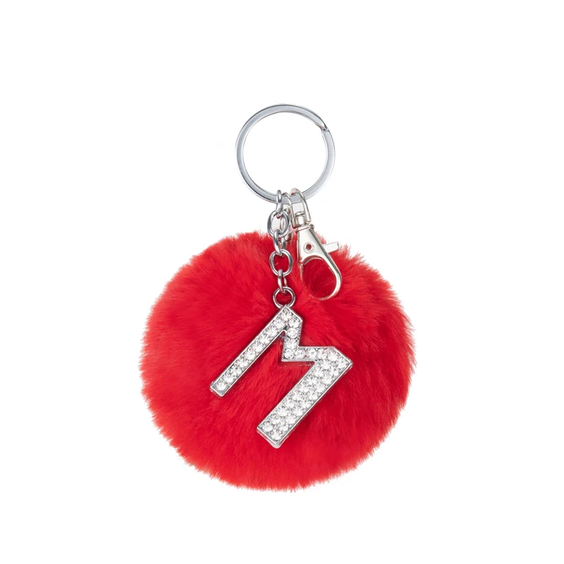 TEH Multicolor Fluffy Pompom Faux Rabbit Fur Ball Keychain with Crystal Letter, Trendy Jewelry Bag Accessory Gift image 2
