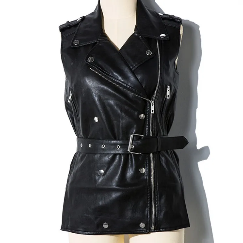 Высококачественная Черная Европейская панк кожаная куртка для женщин с поясом
