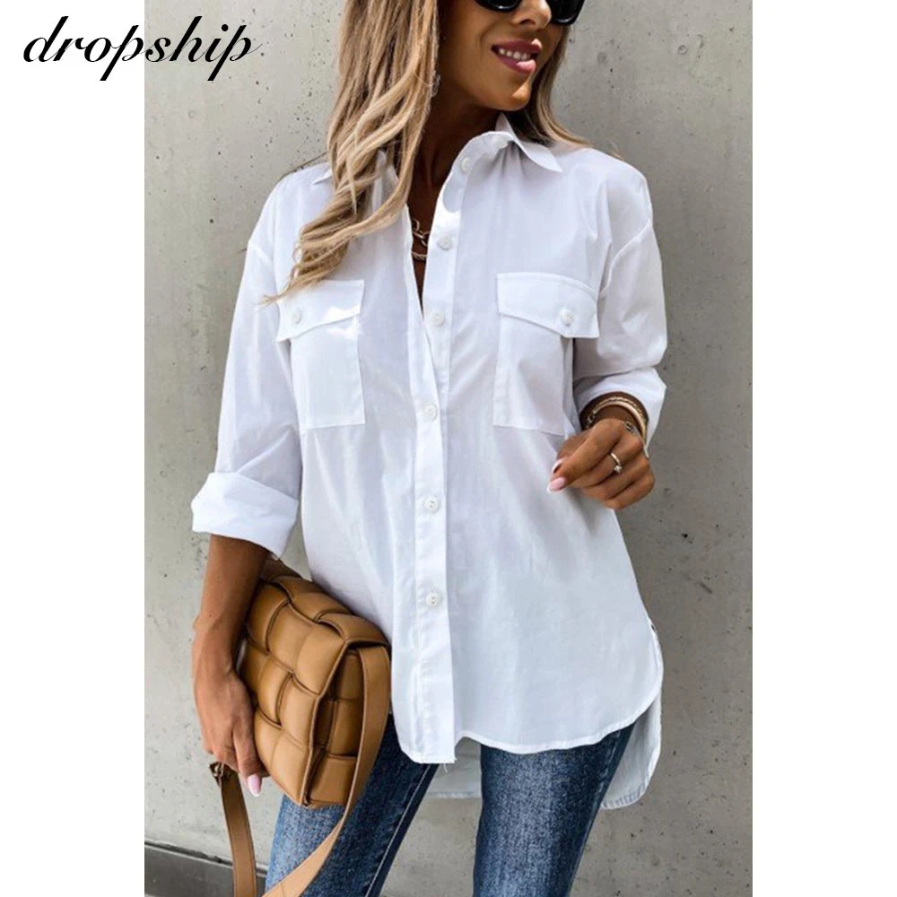 Блузка женская с длинным рукавом топ в Корейском стиле винтажная рубашка Белый