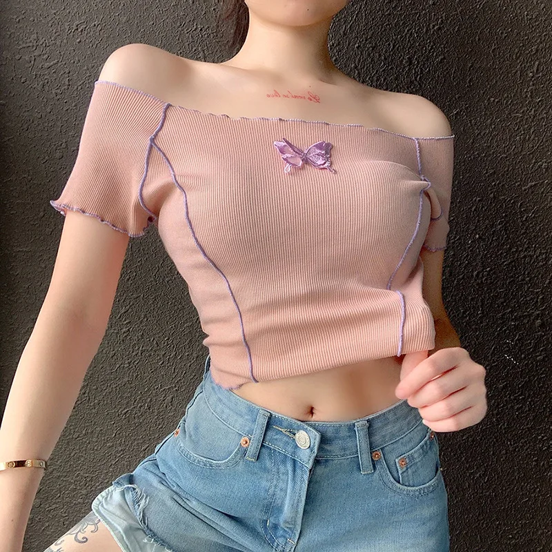 

2021 Women Butterfly Embroider Top Sexy Off Shoulder T-Shirts Woman Short Sleeve Summer Crop Top Line Slim Short Tees Ropa Mujer