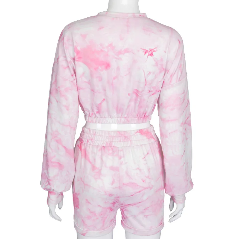

New arrival sport women two-piece set+Fashion tie-dye long sleeve crop top drawstring shorts suit