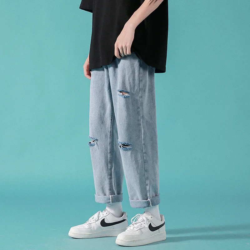 

New Men's Ripped Jeans Harajuku Simplicity Style Loose Straight All-match Casual Denim Pants Sudents Loose Comfortable Trousers