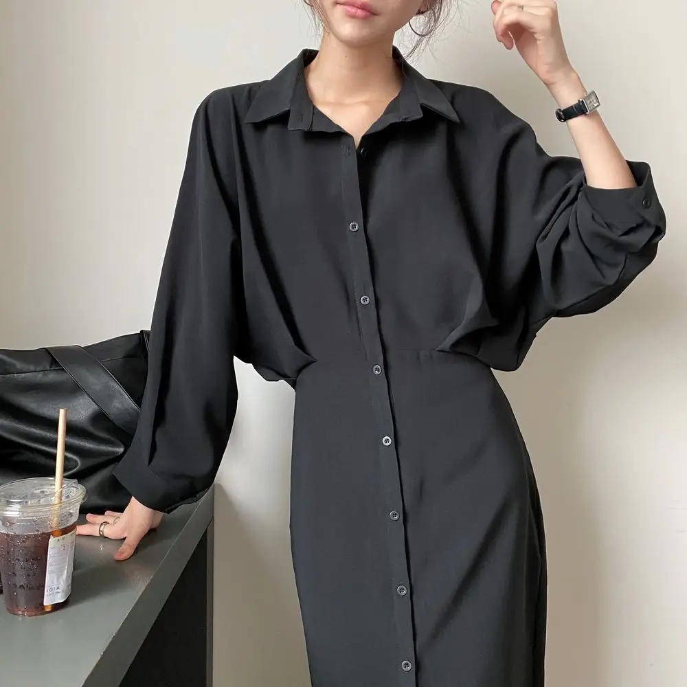 

2021 Women Spring Elegant High Waist Long Shirt Dress Single Breasted Full Sleeve Turn-down Collar Midi Dresses with Waistbelt