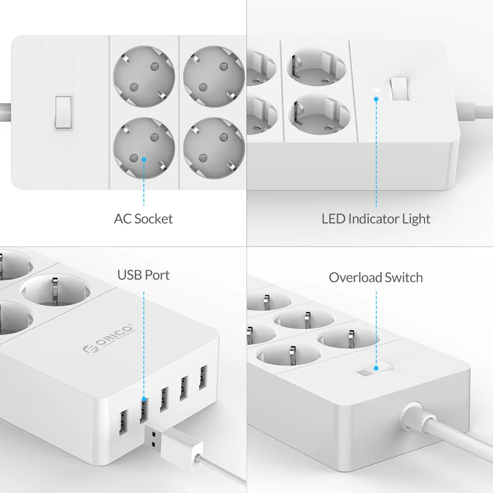 ORICO Power Strip Electrical Socket EU US UK Plug 6 Outlet Surge Protector with 5x2.4A USB Super Charger Ports HPC | Обустройство