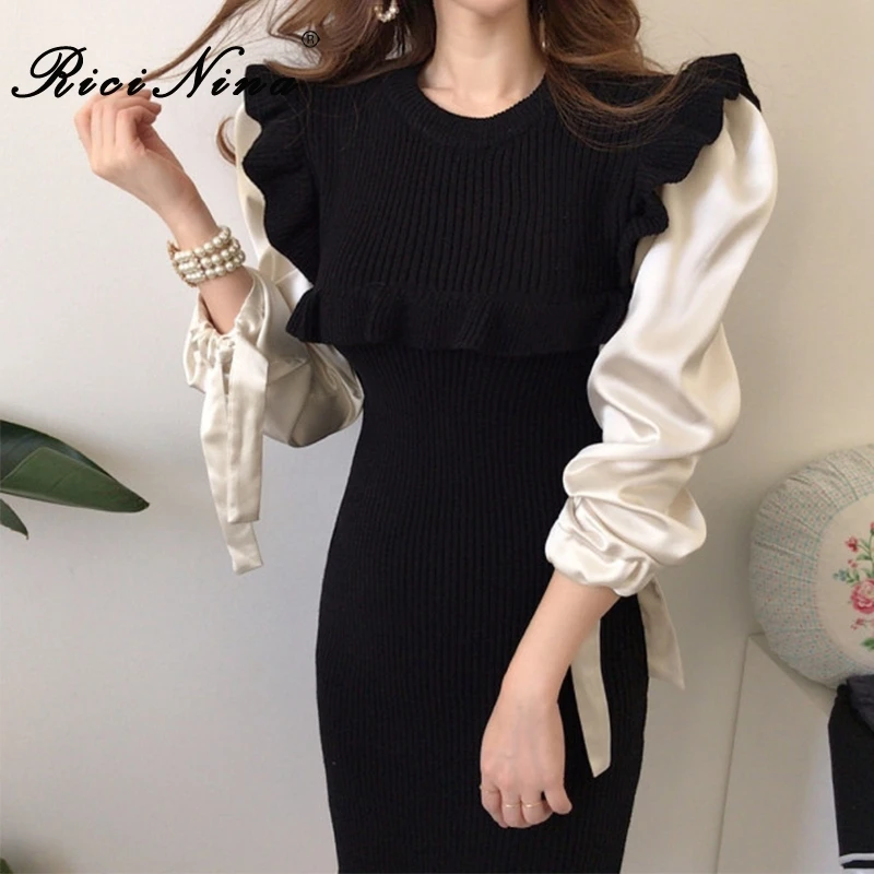 RICININA женское платье элегантное с длинным рукавом круглым вырезом рюшами на