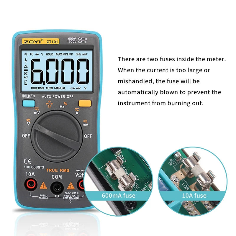 RM101 ZOYI ZT101 цифровой мультиметр с подсветкой AC/DC Амперметр 6000 отсчетов AC/DC Амперметр Вольтметр Ом портативный измеритель напряжения