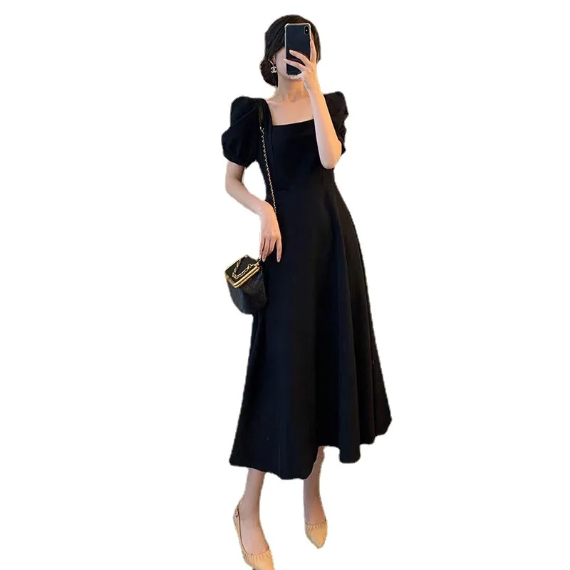 Puff Short Sleeve Dress Women A-line Midi Dresses Black Streetwear Elegant French Style Sexy Defined Waist Square Collar Mujerc