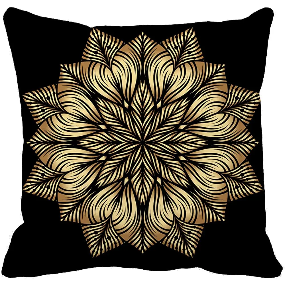 

Наволочка для подушки с изображением мандалы, арабики, золотистого и круглого узора на черном цвете, квадратная наволочка для подушки