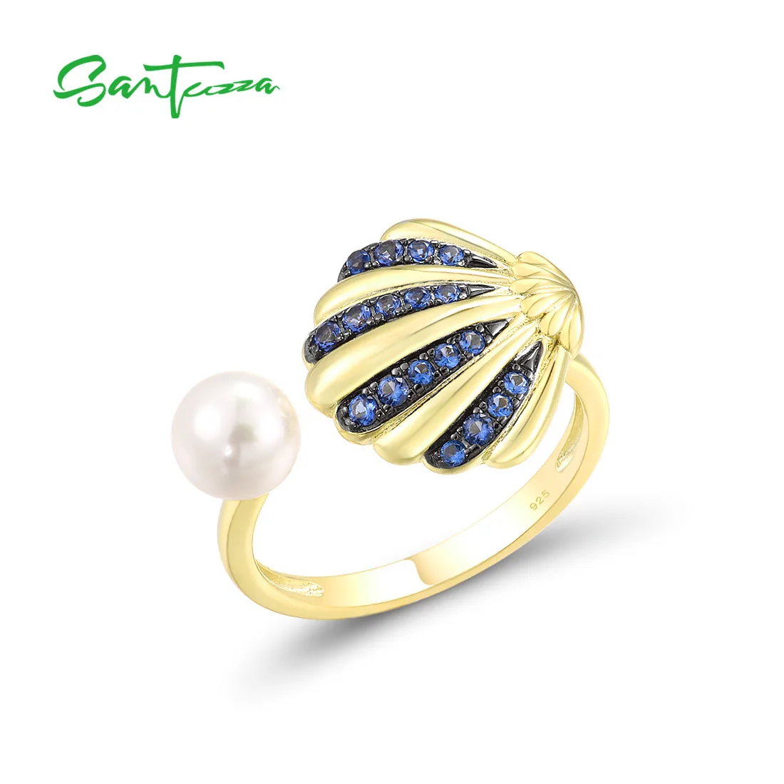 

SANTUZZA Pure 925 Sterling Silver Rings For Women Blue Nano Cubic Zirconia White Shell Beads Adjustable Ring Lovely Fine Jewelry