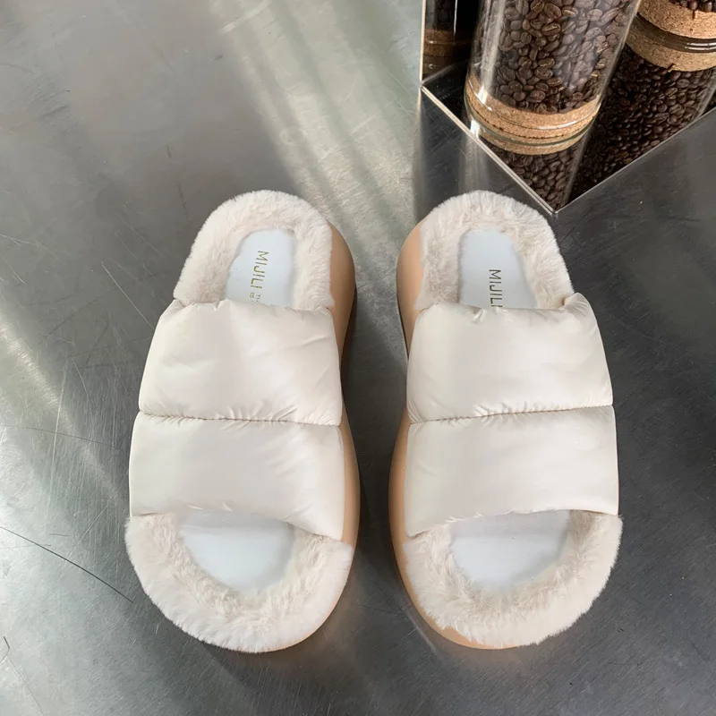 

Женские зимние меховые тапочки, шлепанцы на плоской подошве, женская повседневная обувь на платформе, сланцы из флока, модные женские мехов...