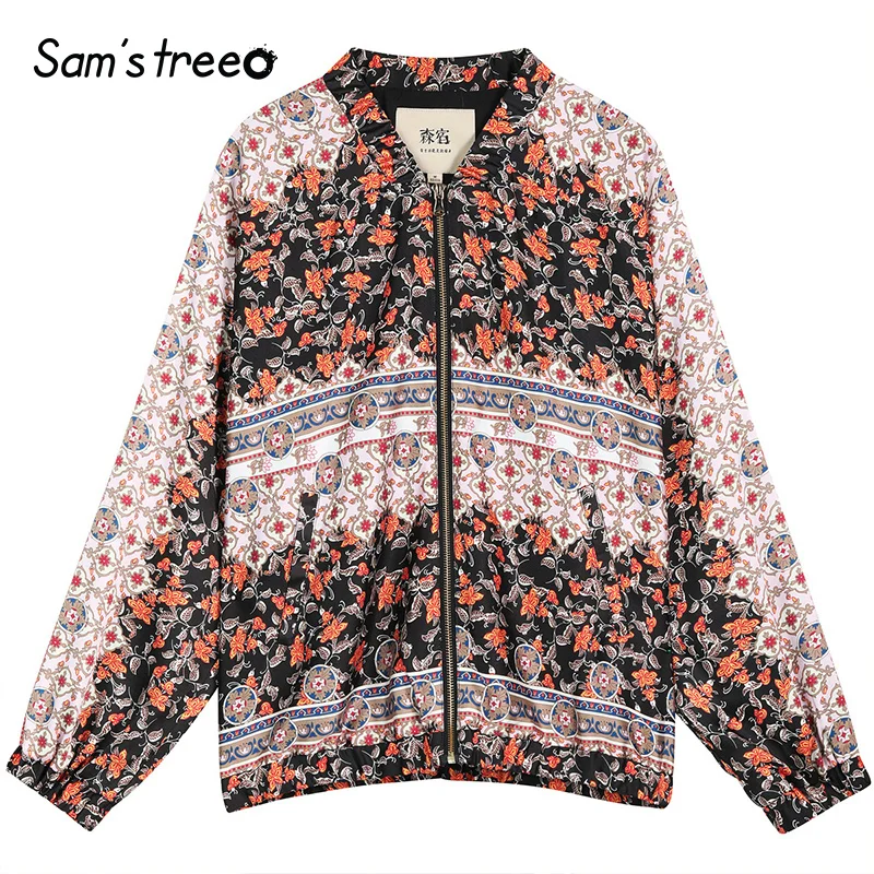 Samstree винтажное Женское пальто с цветочным принтом, осень, новая уличная мода, женские куртки, Повседневная Свободная одежда для офисных леди