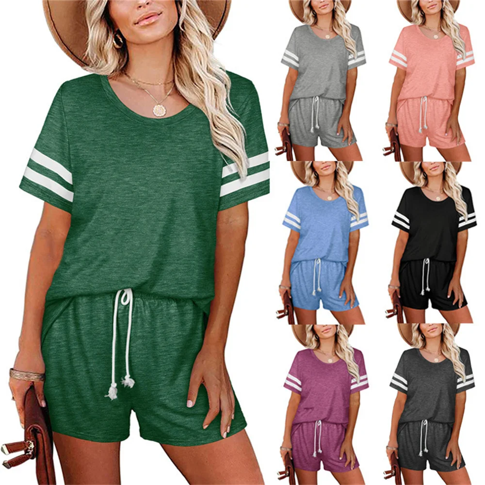 

Solid New Summer Women's Suit Two Pieces Tracksuit Short Sleeve Sports Suits Women 2021 Fashion Casual Female Clothes Set